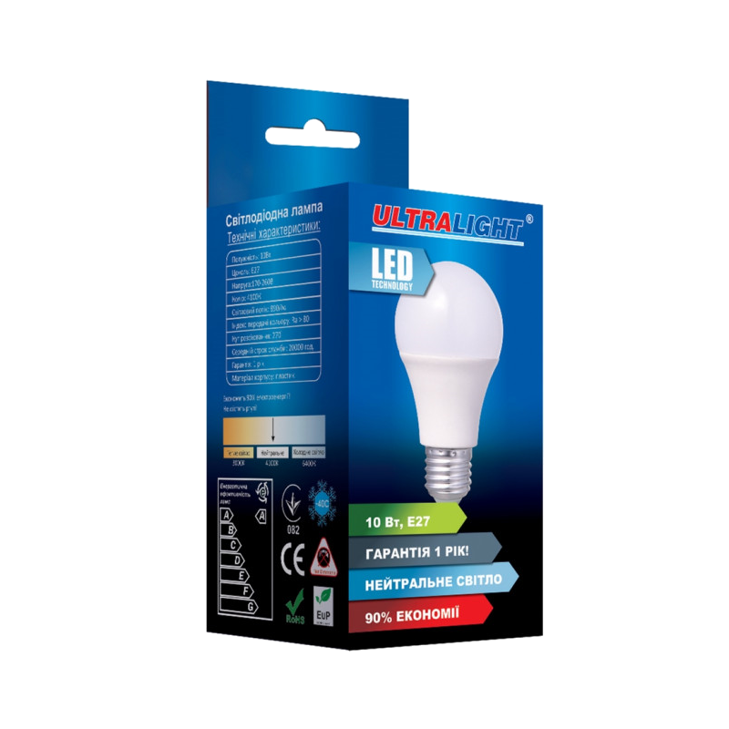 Лампа світлодіодна Ultralight A60, 10Вт, E27, 4100К (UL-49299)